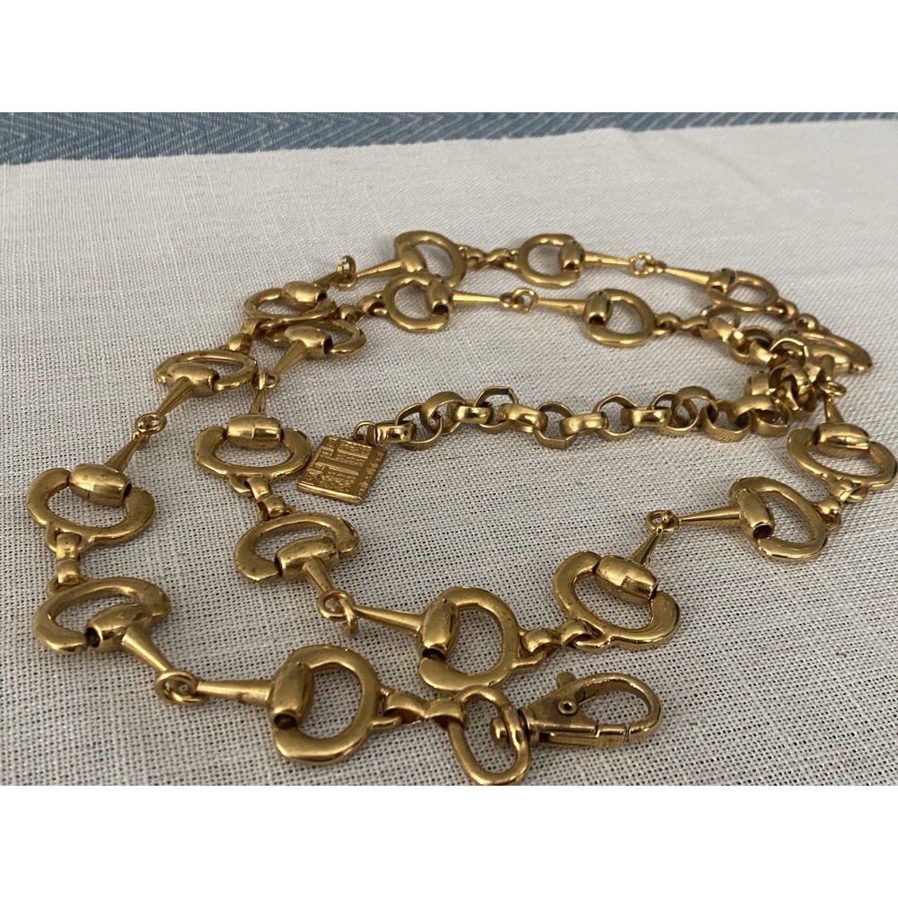 VTG 80's Gold Tone Horsebit Equestrian Chain Belt Double Ring Link 44" Long Adj - Picture 6 of 7